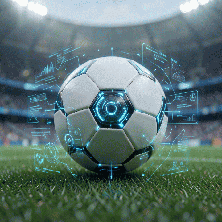 Bola pertandingan pintar futuristik yang dianalisis oleh sistem AI, menampilkan data holografik.
