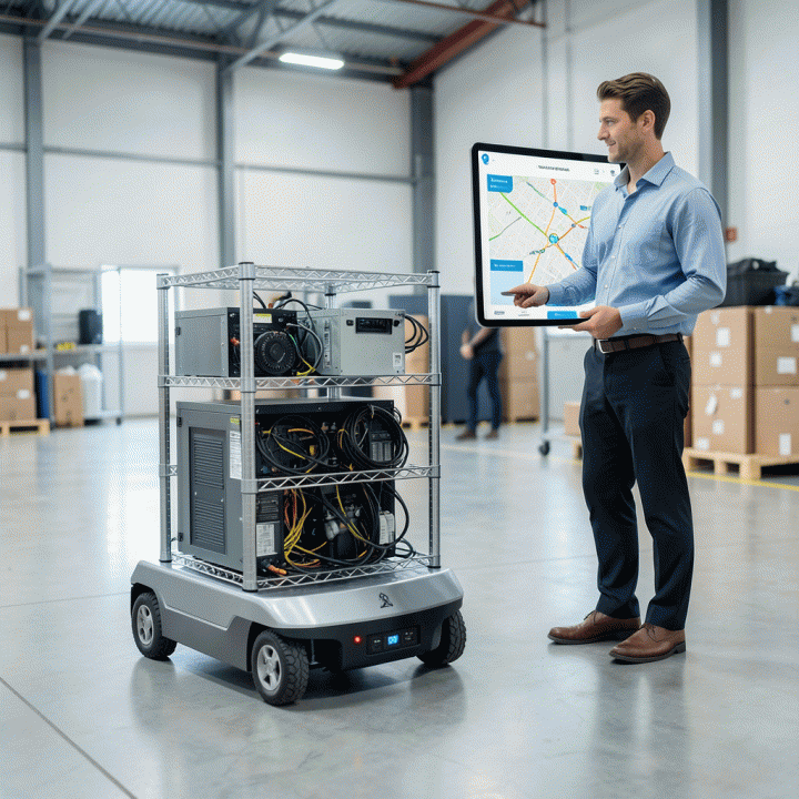 Robot pengiriman otonom membawa peralatan sewaan di gudang modern, sementara manajer memantau pelacakan aset secara real-time melalui tablet digital.