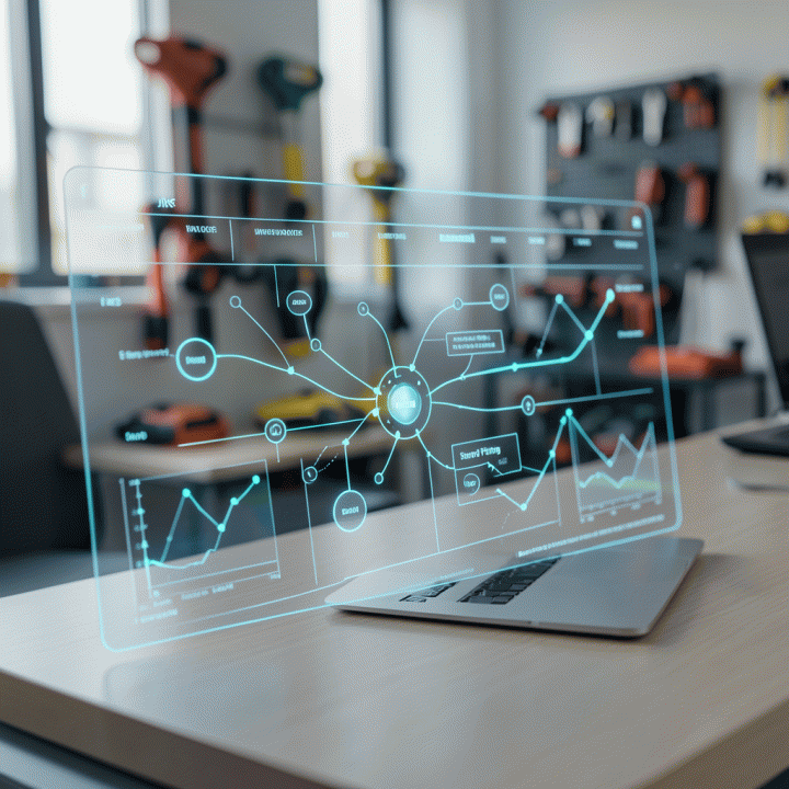 Visualisasi antarmuka pengguna holografik yang menunjukkan algoritma penetapan harga pintar dan manajemen inventaris yang kompleks, melambangkan optimalisasi data dalam bisnis rental.