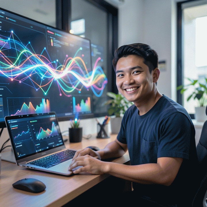 Seorang content creator muda Indonesia yang bersemangat di depan layar digital futuristik yang menampilkan tren dan ide-ide viral, menunjukkan bantuan kecerdasan buatan dalam proses kreatif.