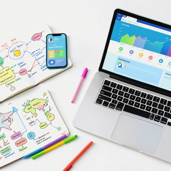 Komposisi flat lay berisi berbagai alat digital marketing dan aset kreatif, seperti smartphone dan buku catatan, melambangkan perencanaan konten strategis.