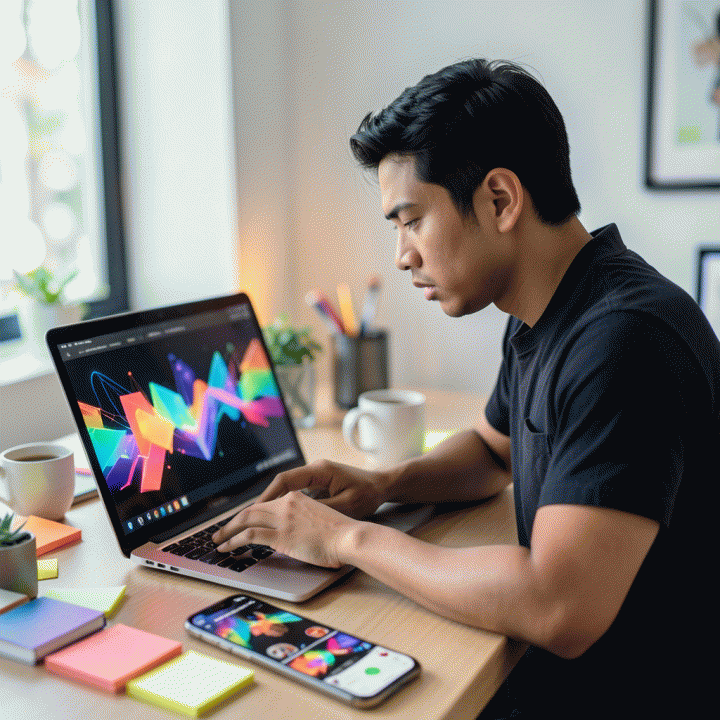 Seorang content creator Indonesia yang fokus membuat ide konten viral di ruang kerja modern, dikelilingi oleh visualisasi energi kreatif dan tren.