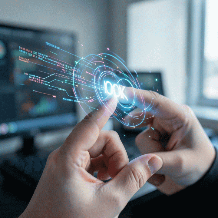 Tangan yang berinteraksi dengan antarmuka holografik abstrak, melambangkan penemuan ide atau &lsquo;hook&rsquo; konten yang sempurna.