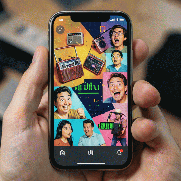 Tampilan layar ponsel yang menunjukkan perpaduan visual antara tema nostalgia masa lalu dan konsep komedi situasional untuk ide konten TikTok.