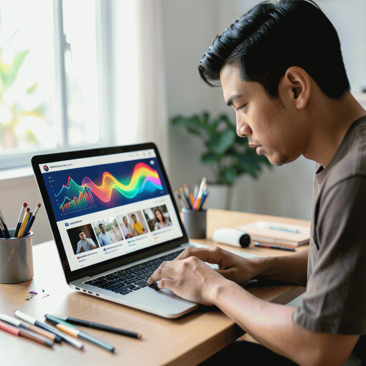 Seorang content creator profesional sedang fokus di depan laptop, dikelilingi visualisasi abstrak tren viral media sosial, melambangkan ide konten yang inovatif.