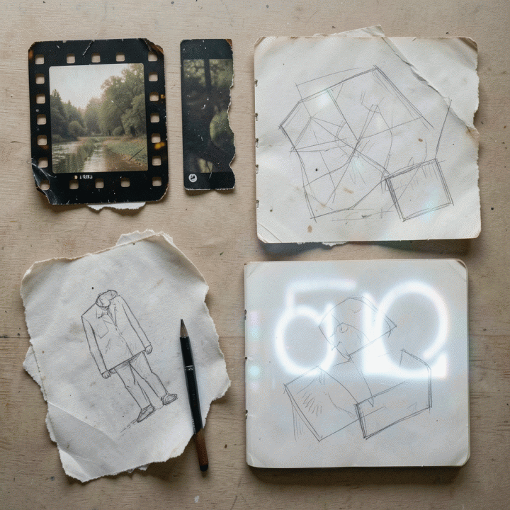 Komposisi flat lay yang menampilkan berbagai aset visual &lsquo;otentik&rsquo; seperti kertas bertekstur, film analog, dan sketsa tangan, menggambarkan kebutuhan aset visual yang manusiawi.