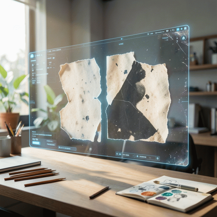 Visualisasi konsep 'Simulated Authenticity' dalam desain digital, menampilkan perpaduan aset digital bertekstur dan elemen fisik di meja kerja kreatif modern.