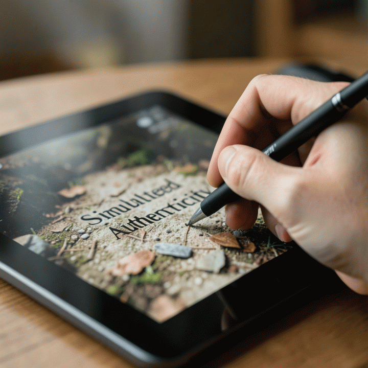 Close-up tangan yang berinteraksi dengan tablet, menampilkan visual konten yang memiliki tekstur alami dan ketidaksempurnaan yang disengaja, menunjukkan konsep &lsquo;Simulated Authenticity&rsquo;.