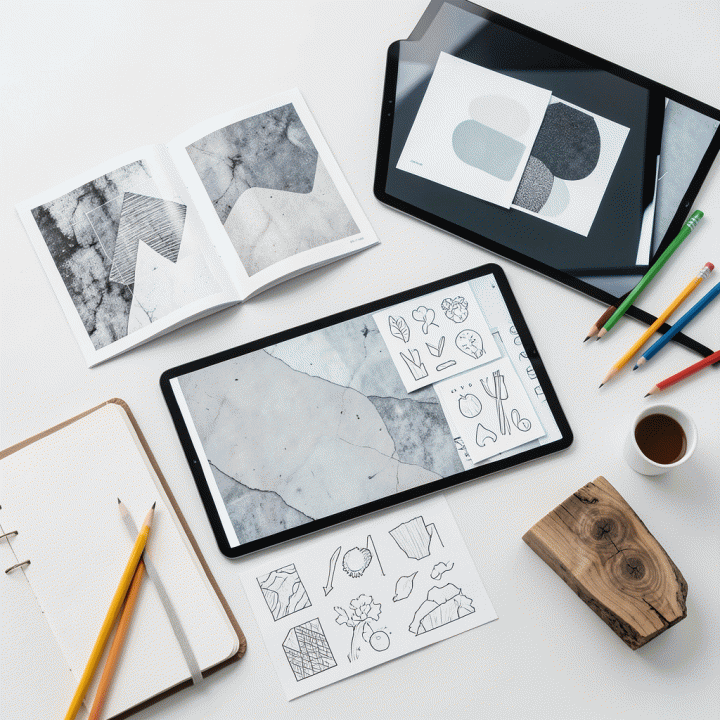 Tampilan datar (flat lay) meja kerja minimalis yang memperlihatkan aset desain tekstur digital dan alat tulis fisik, melambangkan proses kreatif yang mudah dan otentik.