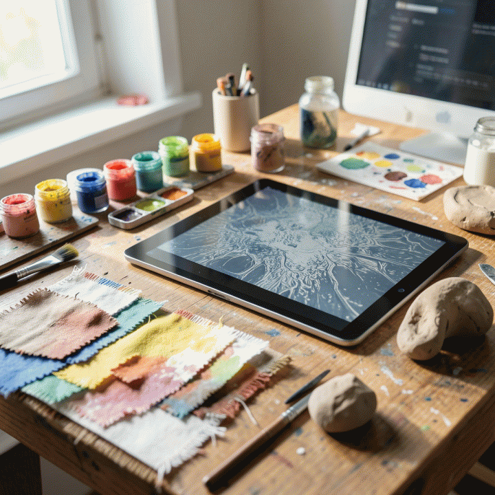 Meja kerja kreatif yang berisi campuran alat seni analog (cat air, kain) dan tablet digital, menampilkan tekstur otentik dan sentuhan manusia, melambangkan tren visual AI 2026.