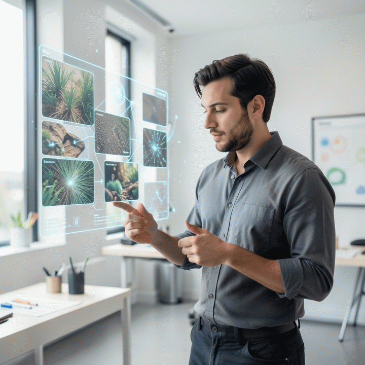 Seorang profesional kreatif berinteraksi dengan antarmuka holografik AI yang menampilkan aset visual digital yang autentik dan canggih, melambangkan tren konten visual 2026.