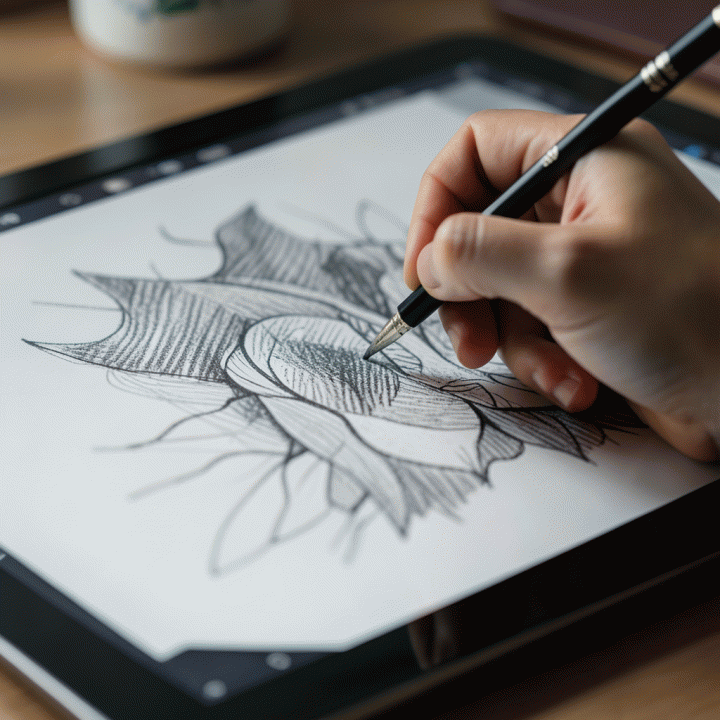 Tangan seorang kreator yang membuat aset visual digital yang meniru tekstur alami dan sentuhan tangan, menunjukkan konsep &lsquo;Simulated Authenticity&rsquo;.