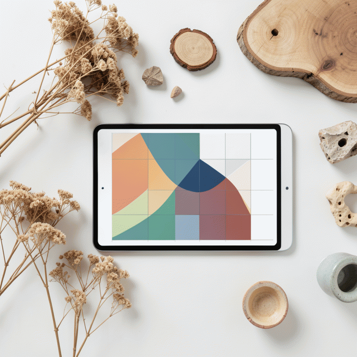 Komposisi flat lay yang memadukan elemen fisik alami (bunga kering, kayu) dengan tampilan digital yang terstruktur, menggambarkan aset visual yang autentik.