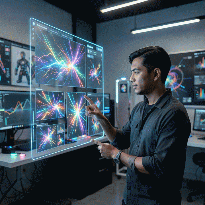 Ilustrasi futuristik dan fotorealistik seorang content creator Indonesia yang berinteraksi dengan antarmuka holografik AI untuk menghasilkan berbagai gaya visual art yang canggih.