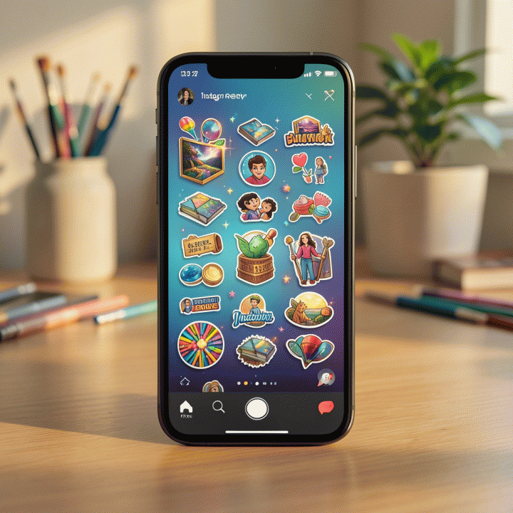 Tampilan close-up smartphone yang menampilkan Reels Instagram yang sangat estetis, dihiasi dengan berbagai stiker digital premium yang berwarna-warni dan tren, menunjukkan ide konten kreatif.