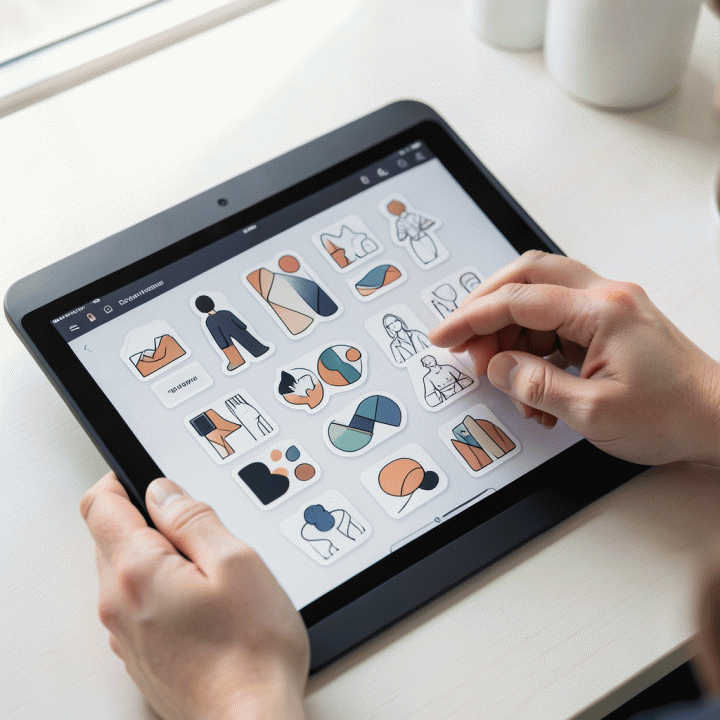Tangan yang sedang menggunakan tablet digital untuk mendesain atau menyusun aset stiker digital premium, menunjukkan proses kreatif.