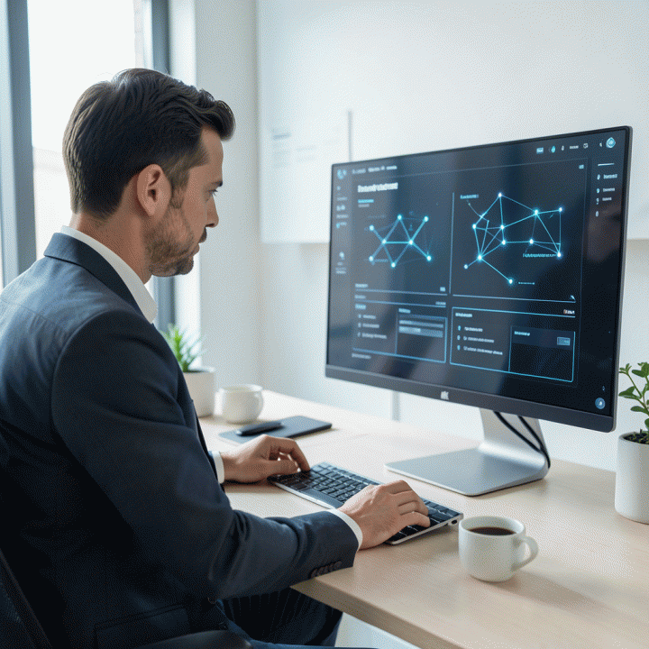 Seorang pemilik bisnis yang fokus bekerja di meja modern, melihat landing page konversi tinggi yang dioptimalkan secara otomatis menggunakan alat AI di layar komputer.