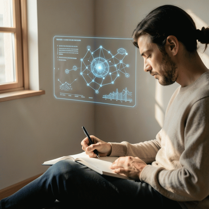 Seseorang sedang menulis di jurnal dengan bantuan antarmuka AI holografik yang menampilkan pola terstruktur dan grafik mood, melambangkan proses mengubah pikiran acak menjadi refleksi yang terorganisir.