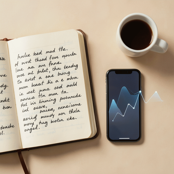 Susunan visual (flat lay) yang menampilkan transisi dari catatan pikiran yang berantakan ke grafik suasana hati dan jurnal digital AI yang terstruktur, melambangkan refleksi diri.