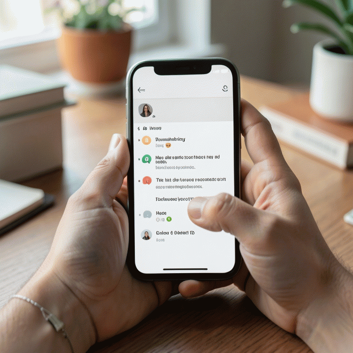 Tangan seseorang mengetik di smartphone, menunjukkan antarmuka jurnal digital AI yang membantu menata pikiran yang berantakan menjadi poin-poin terstruktur.