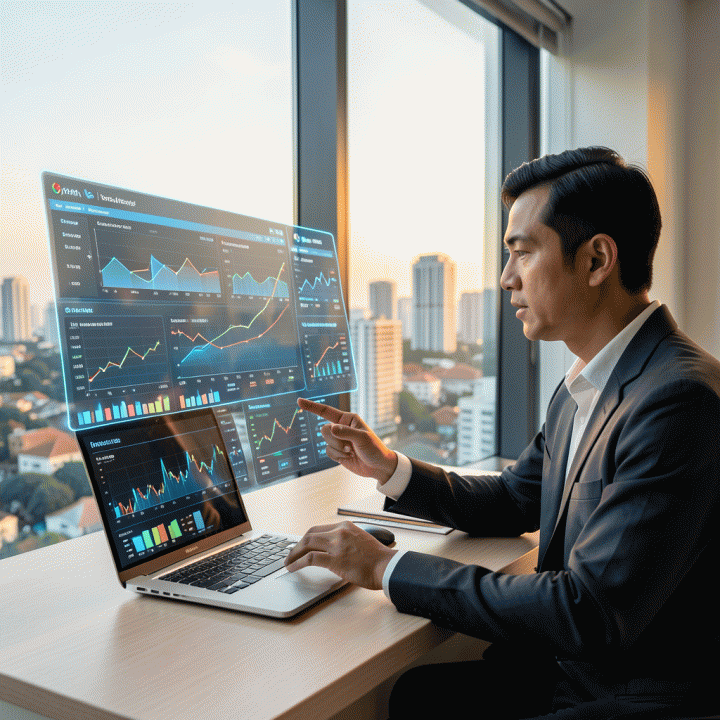 Seorang manajer pemasaran digital Indonesia di kantor modern sedang melihat dashboard data iklan holografik yang menampilkan insight strategis, melambangkan transformasi data mentah menjadi keputusan bisnis yang jitu.