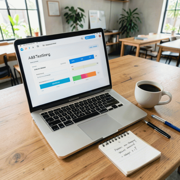 Tata letak datar dari alat-alat pemasaran digital seperti laptop dengan hasil A/B testing, menunjukkan proses perencanaan strategi yang terperinci.
