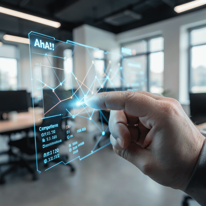 Tangan profesional yang sedang menganalisis data tren kompetitor pada antarmuka digital futuristik, menemukan insight penting.