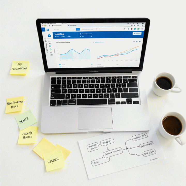 Susunan alat kerja di atas meja, menunjukkan alur kerja dari data mentah, ide copywriting, hingga diagram strategi pemasaran yang sudah terstruktur.