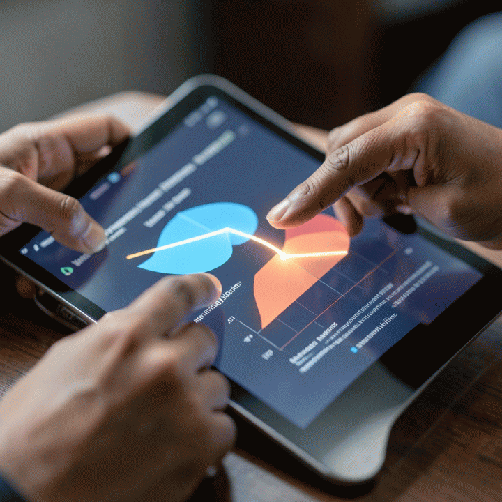Detail tangan profesional yang menganalisis perbandingan data kompetitor di tablet, menyoroti celah pasar yang teridentifikasi.