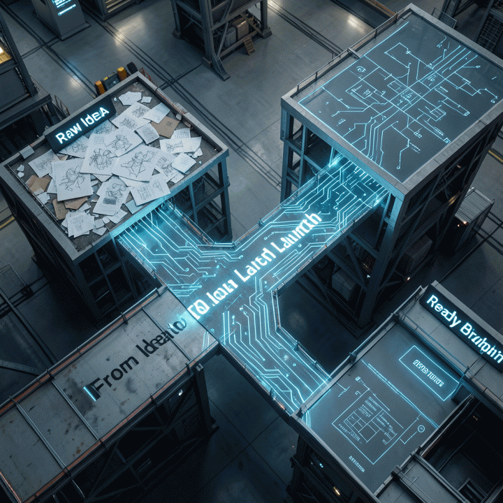 Representasi visual konseptual tentang bagaimana AI menghubungkan ide mentah menjadi blueprint bisnis yang terstruktur dan siap diluncurkan.