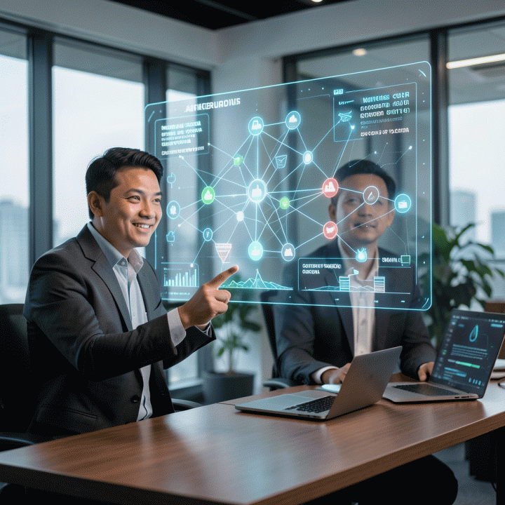 Seorang marketer berinteraksi dengan blueprint pemasaran 3D holografik yang menunjukkan tahapan riset pasar dan strategi peluncuran produk digital.