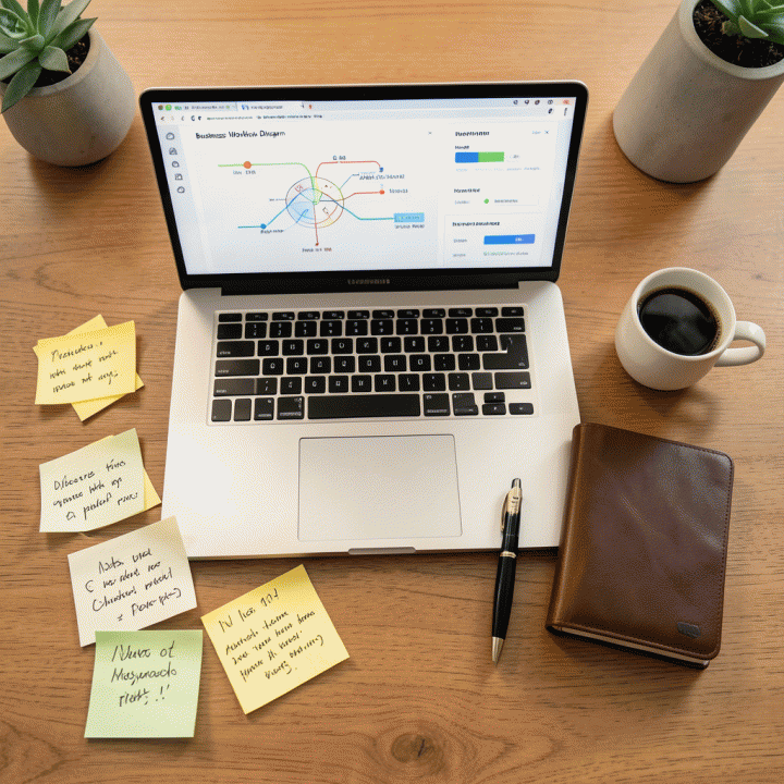 Pandangan atas meja kerja founder yang menunjukkan proses visualisasi ide bisnis dari konsep acak menjadi peta jalan pemasaran yang rapi menggunakan bantuan AI.