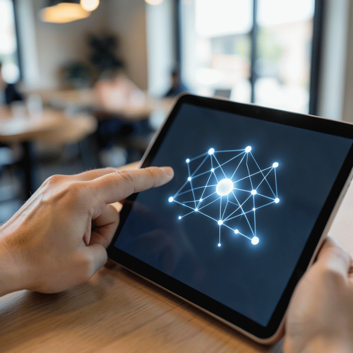 Tangan berinteraksi dengan tablet yang menampilkan visualisasi AI yang mengubah ide abstrak menjadi model bisnis terstruktur.