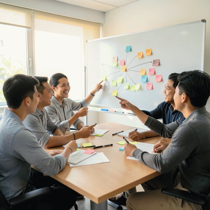 Tim founder startup Indonesia yang sedang berdiskusi dan berkolaborasi dalam sesi brainstorming untuk mengembangkan ide bisnis.