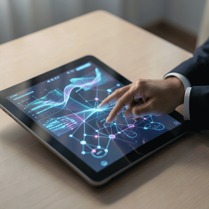 Tangan profesional berinteraksi dengan tablet futuristik yang menampilkan visualisasi data dan peta konsep, melambangkan penggunaan AI untuk pengembangan ide bisnis.
