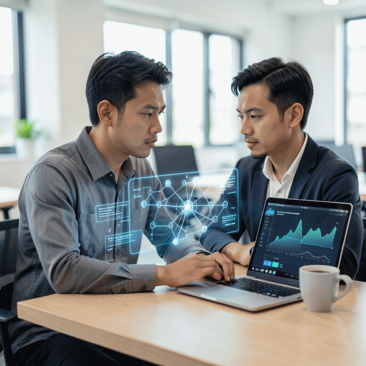 Seorang founder muda Indonesia berinteraksi dengan antarmuka holografik canggih di meja kerja modern, menggambarkan proses mengubah ide menjadi model bisnis digital yang terstruktur.