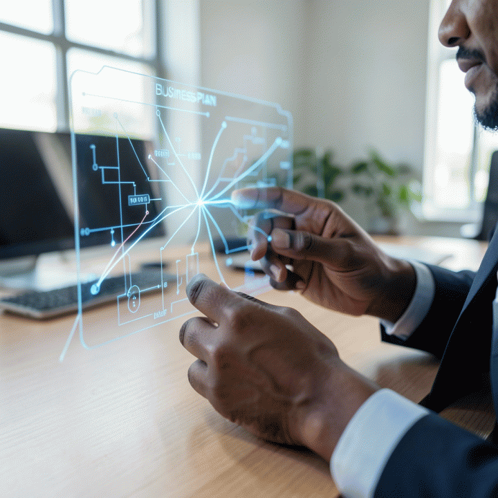 Tangan founder berinteraksi dengan antarmuka holografik futuristik yang menampilkan alur data abstrak, menggambarkan proses mengubah ide menjadi rencana bisnis.