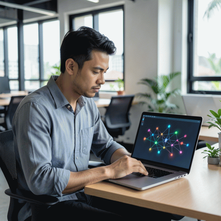 Seorang founder fokus di co-working space, melihat visualisasi data abstrak di laptop, melambangkan proses pengolahan ide mentah menjadi strategi bisnis yang terstruktur menggunakan AI.