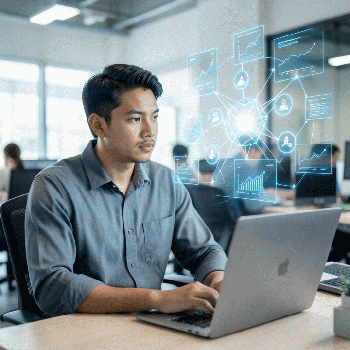 Seorang pengusaha muda Indonesia di ruang kerja modern melihat proyeksi holografik ide-ide bisnis digital yang kompleks dan terstruktur, melambangkan proses transformasi ide menjadi rencana bisnis.
