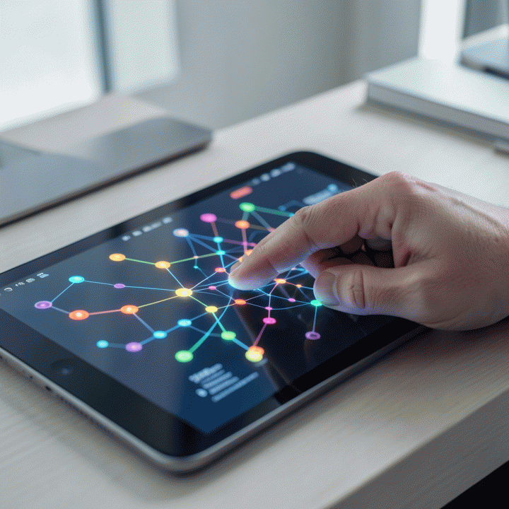 Tangan berinteraksi dengan antarmuka holografik yang menampilkan jaringan node dan koneksi data, menunjukkan proses penyaringan ide oleh AI.