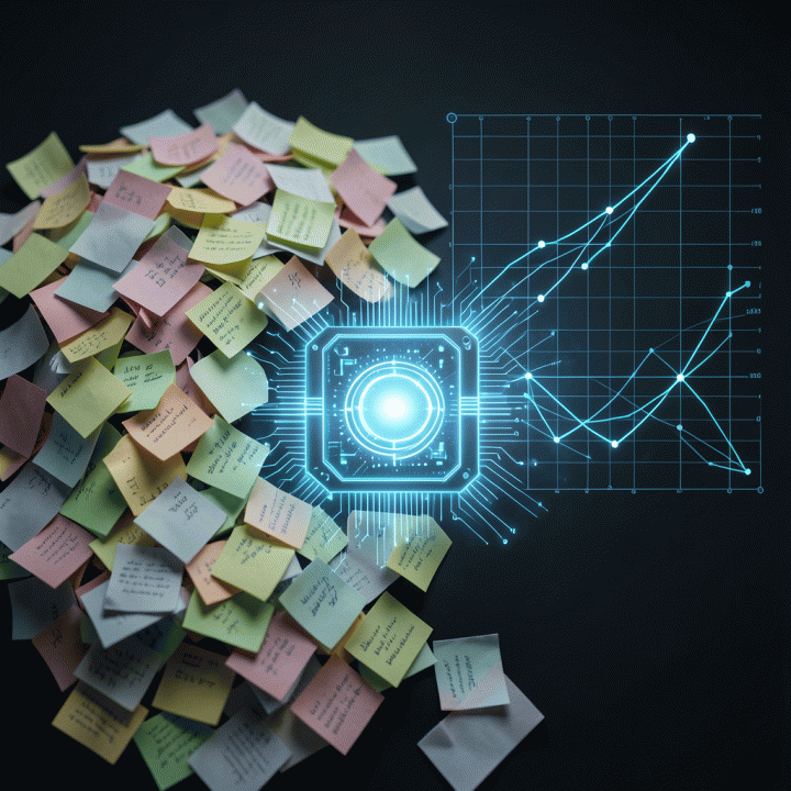Visualisasi metaforis AI yang mengubah tumpukan ide acak menjadi cetak biru bisnis yang terstruktur dan siap dijalankan.