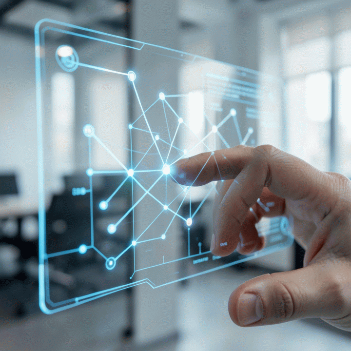 Tangan yang berinteraksi dengan antarmuka digital holografik yang menampilkan diagram alir dan koneksi ide, melambangkan proses pengembangan bisnis.