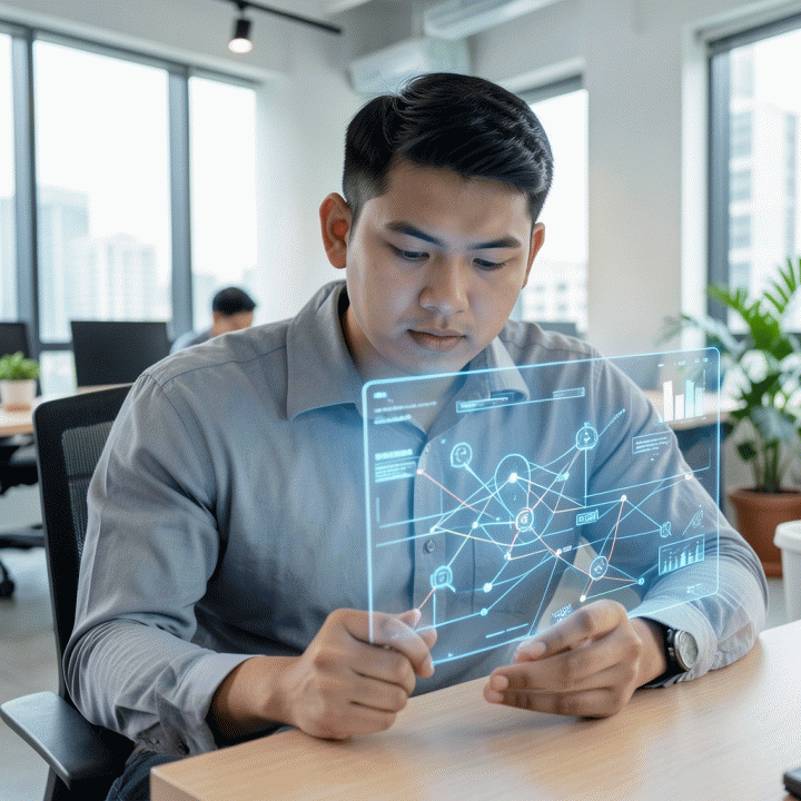 Seorang pengusaha muda Indonesia di ruang kerja modern sedang berinteraksi dengan antarmuka holografik AI yang menampilkan konsep dan rencana bisnis digital, melambangkan transformasi ide menjadi bisnis.