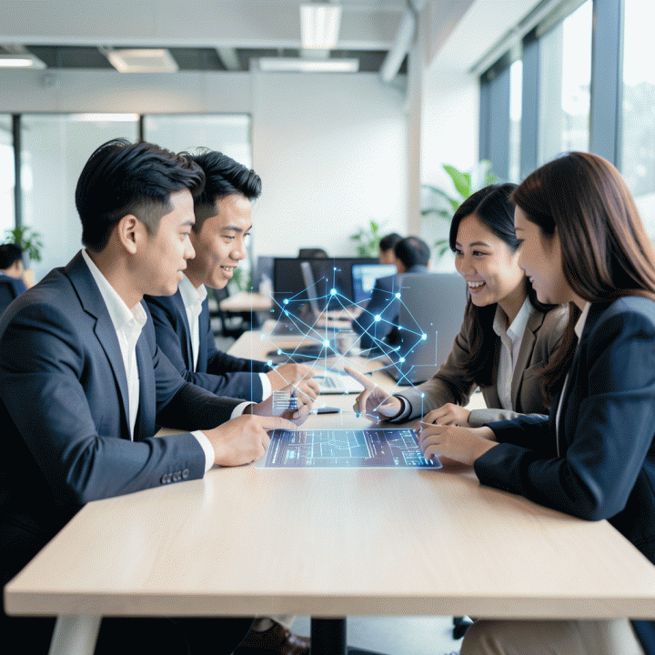 Seorang founder startup Indonesia yang bersemangat berkolaborasi di ruang kerja modern, berinteraksi dengan antarmuka digital futuristik yang menunjukkan transformasi ide menjadi rencana bisnis digital.