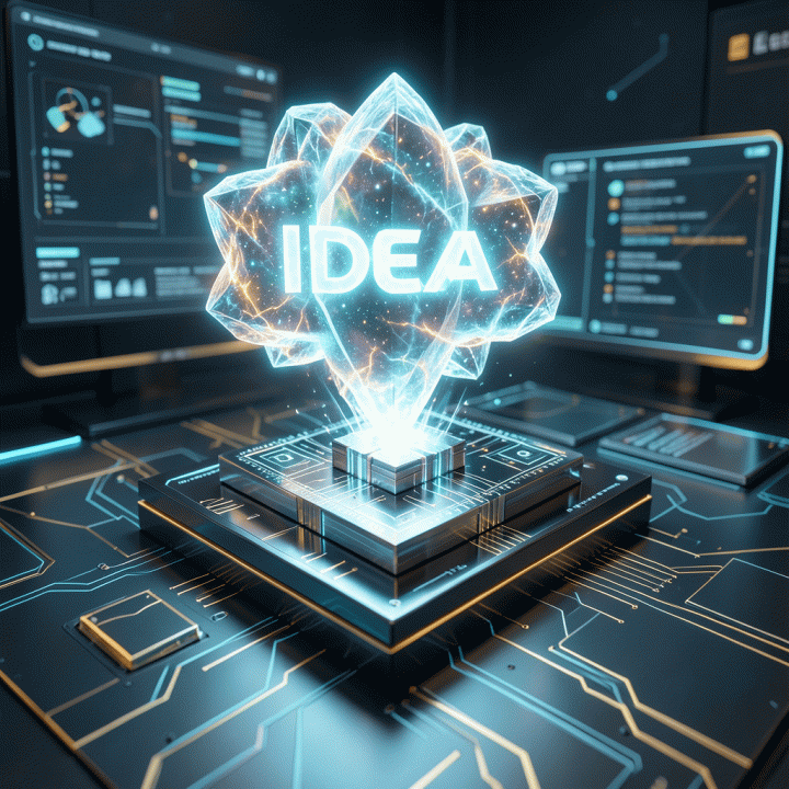Visualisasi konseptual transformasi ide mentah yang berkilauan menjadi produk digital yang terstruktur dan siap pakai melalui teknologi AI.