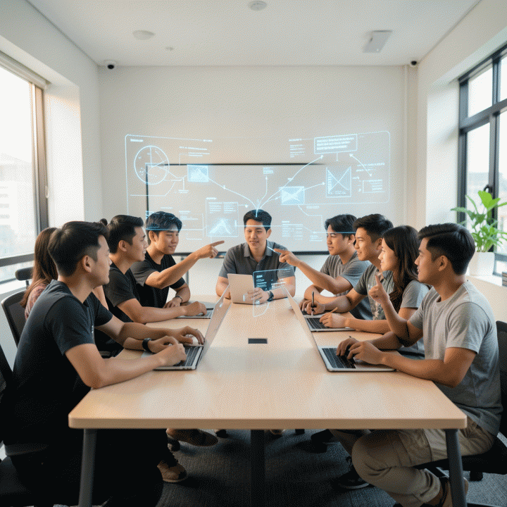 Kelompok founder startup Indonesia yang bersemangat berkolaborasi di ruang kerja modern, memproyeksikan ide-ide bisnis digital yang terstruktur menggunakan teknologi holografik.