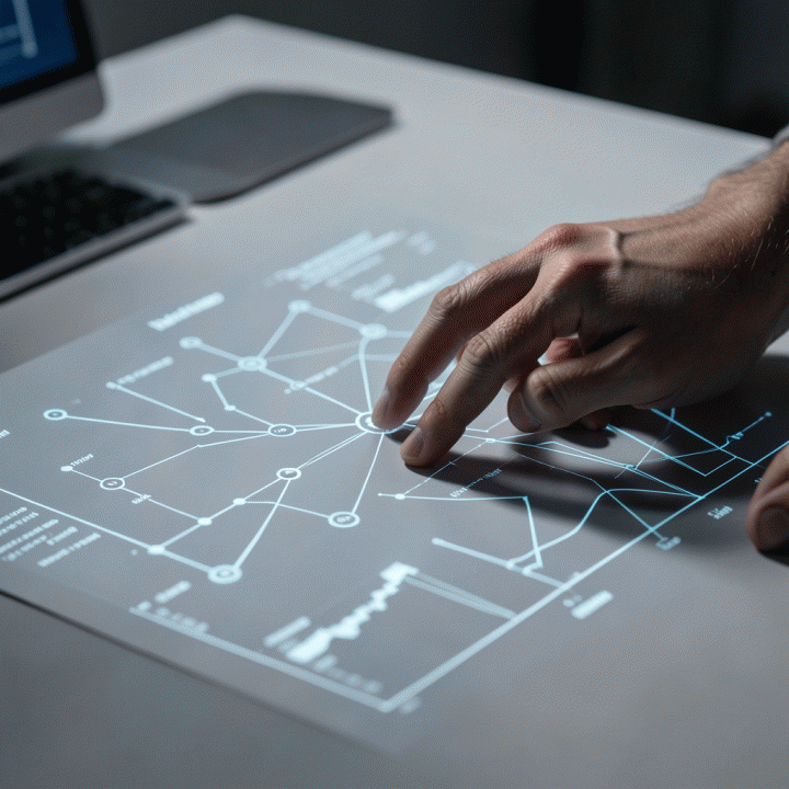 Tangan yang berinteraksi dengan antarmuka digital abstrak, menggambarkan proses konversi ide mentah menjadi rencana bisnis yang terstruktur.