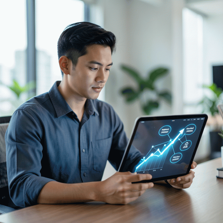 Seorang founder startup yang sedang merenungkan data tren pasar yang disajikan secara digital, menunjukkan validasi ide bisnis.