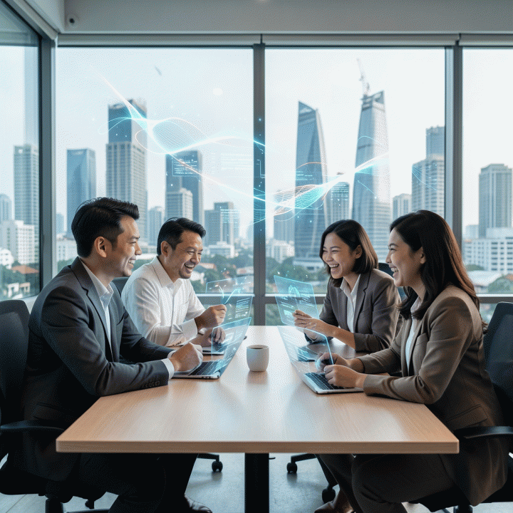 Grup founder startup Indonesia yang berkolaborasi di meja modern, dikelilingi proyeksi holografik ide-ide bisnis digital yang siap diimplementasikan.