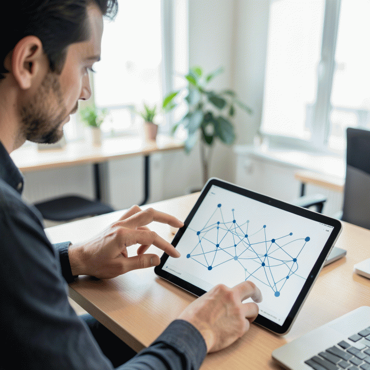 Founder berinteraksi dengan tablet yang menampilkan visualisasi data abstrak, mengubah ide menjadi model bisnis terstruktur.